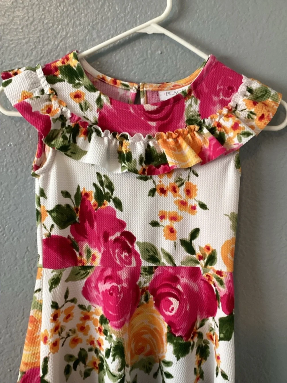 The Childrens Place Girls Floral Ruffle Dress - White with Pink & Yellow Roses - Picture 3 of 4